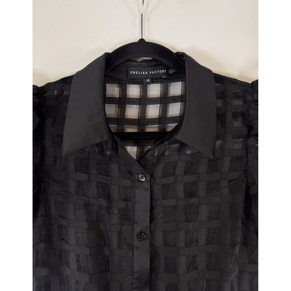 English Factory Dress Black Gridded Organza Tiered Maxi Puff Sleeve Fit Flare XS - Picture 6 of 11